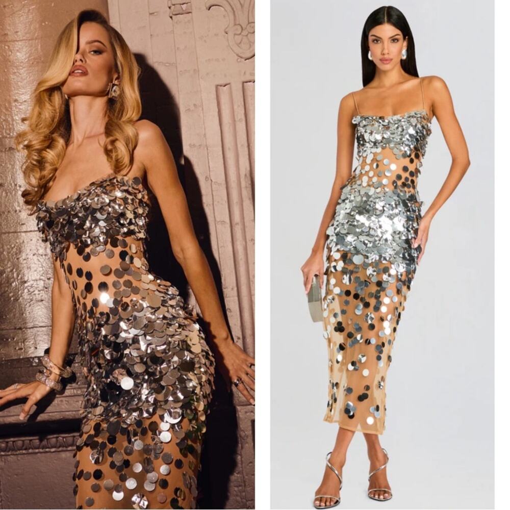 RETROFETE Mischa Sequin Embellished Sheer Silver Mirrored Maxi Dress Size M